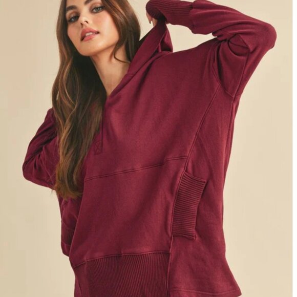 aemi + co Oversized Half-Snap Sweatshirt Bordeaux Size Medium - Picture 1 of 6